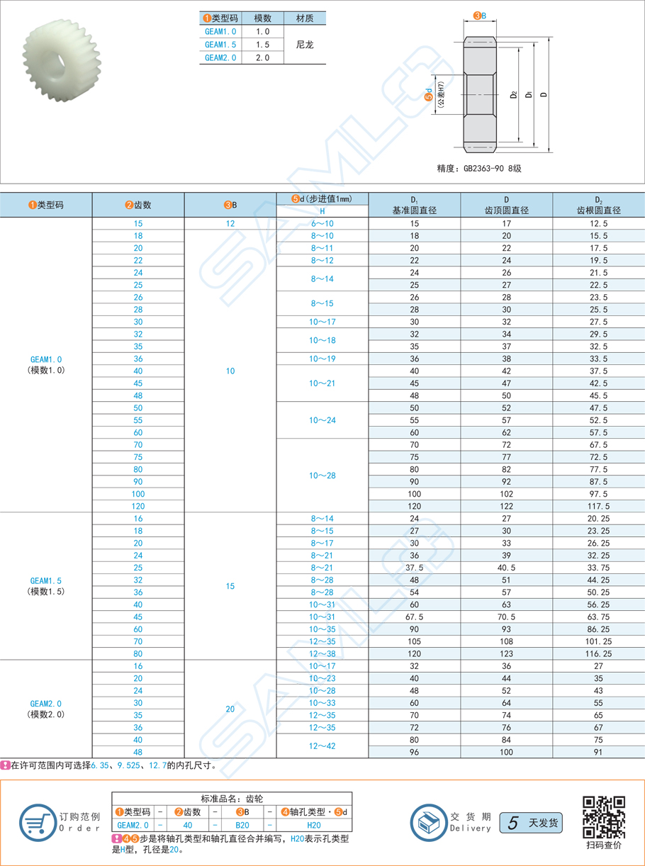 尼龍直齒輪-壓力角20°模數(shù)1.0/1.5/2.0規(guī)格尺寸