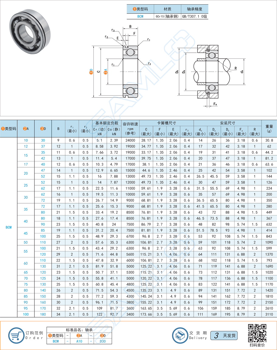 帶卡簧槽深溝球軸承規(guī)格參數(shù)尺寸材質