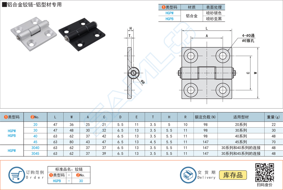 鋁合金鉸鏈合頁(yè)-鋁型材專用HGPW規(guī)格參數(shù)尺寸材質(zhì)