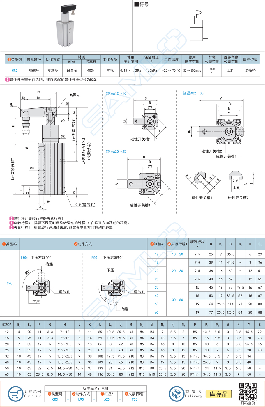 轉(zhuǎn)角氣缸CRC規(guī)格參數(shù)尺寸材質(zhì)